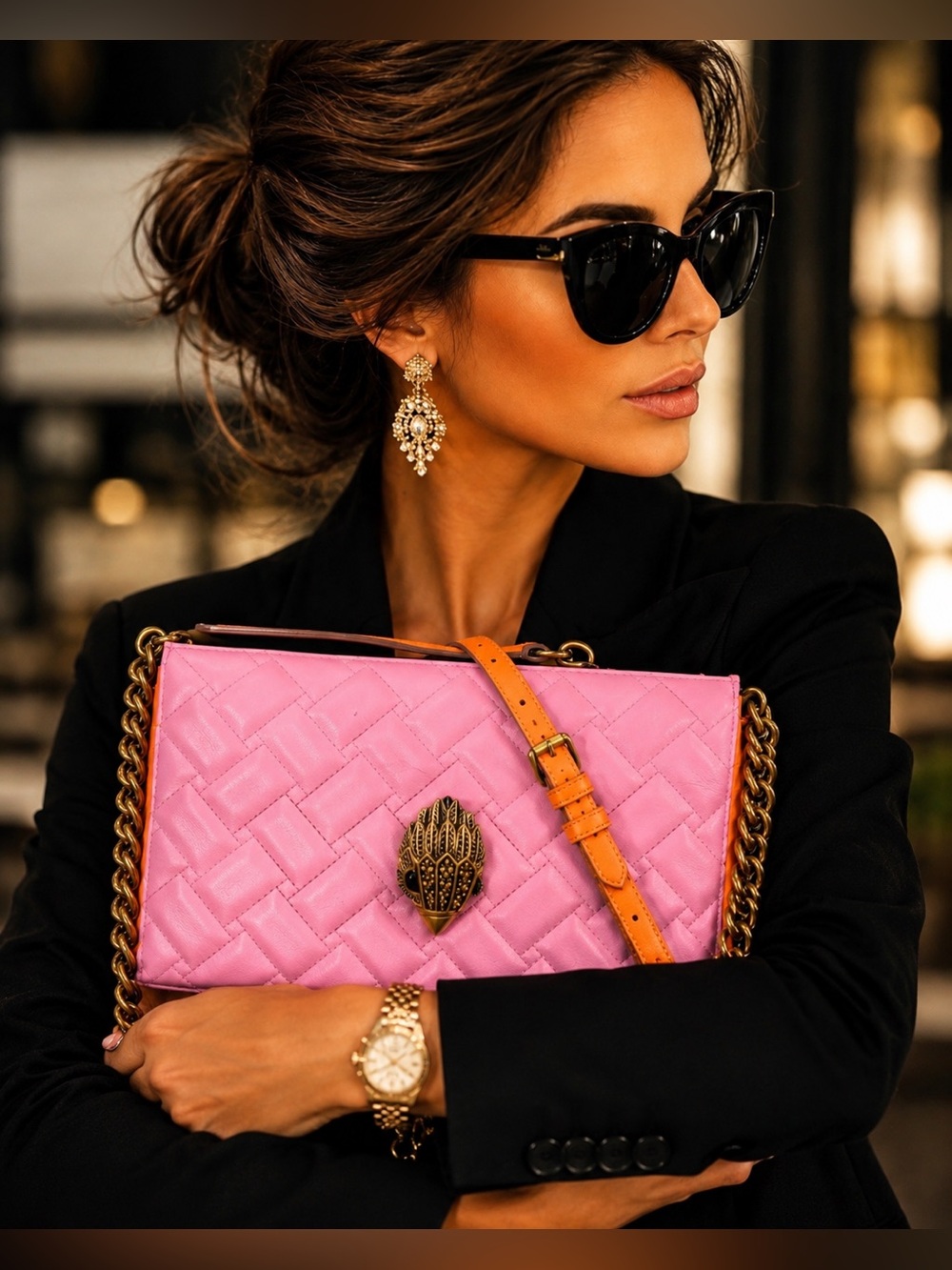 Kurt Geiger Kensington Drench Puff Pouch Neon Pink Orange Leather Crossbody Bag